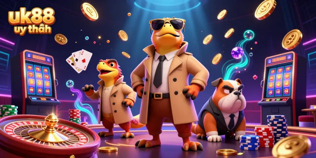 Experience the thrill of gambling with uk88 uy tín in a vibrant 3D illustration featuring cartoon raptors at a casino.