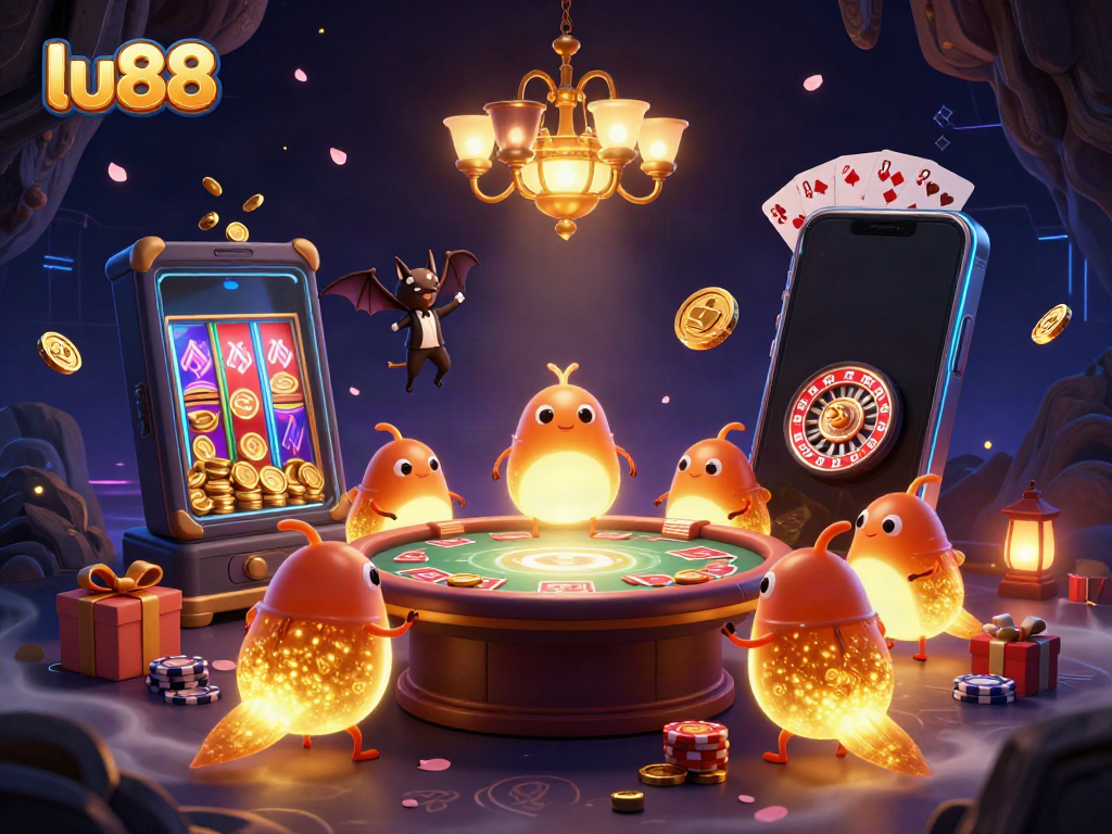 Experience the vibrant gaming atmosphere of lu88 with glowworms lighting up a cave casino.