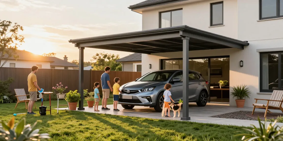 Moderne Carports in sonnigem Garten mit Familie und Auto, einladende Atmosphäre.