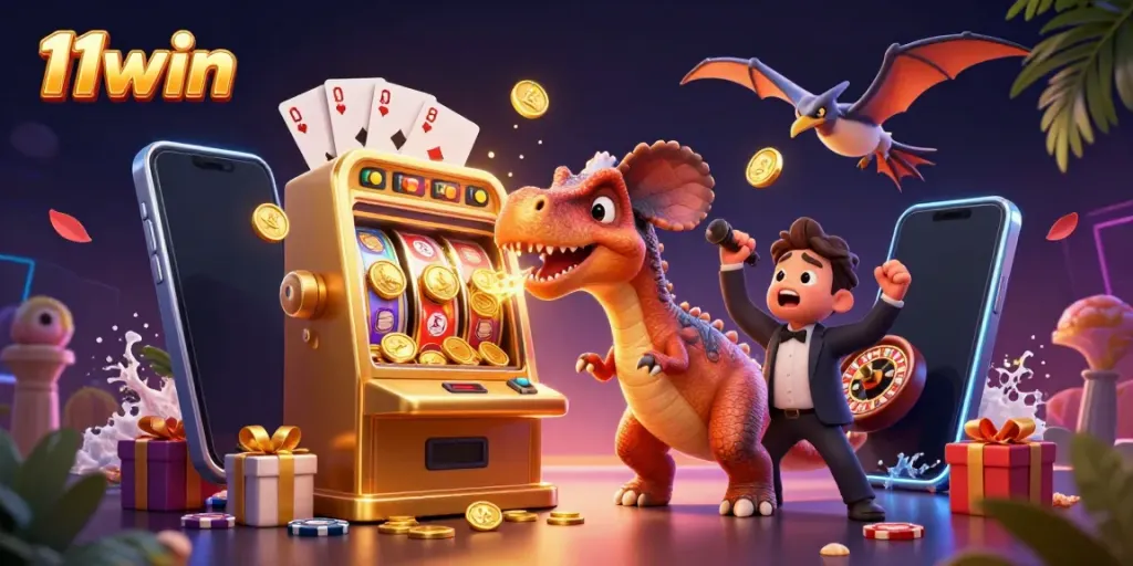 11win scene with a cartoon dinosaur winning at a golden slot machine, surrounded by casino elements.