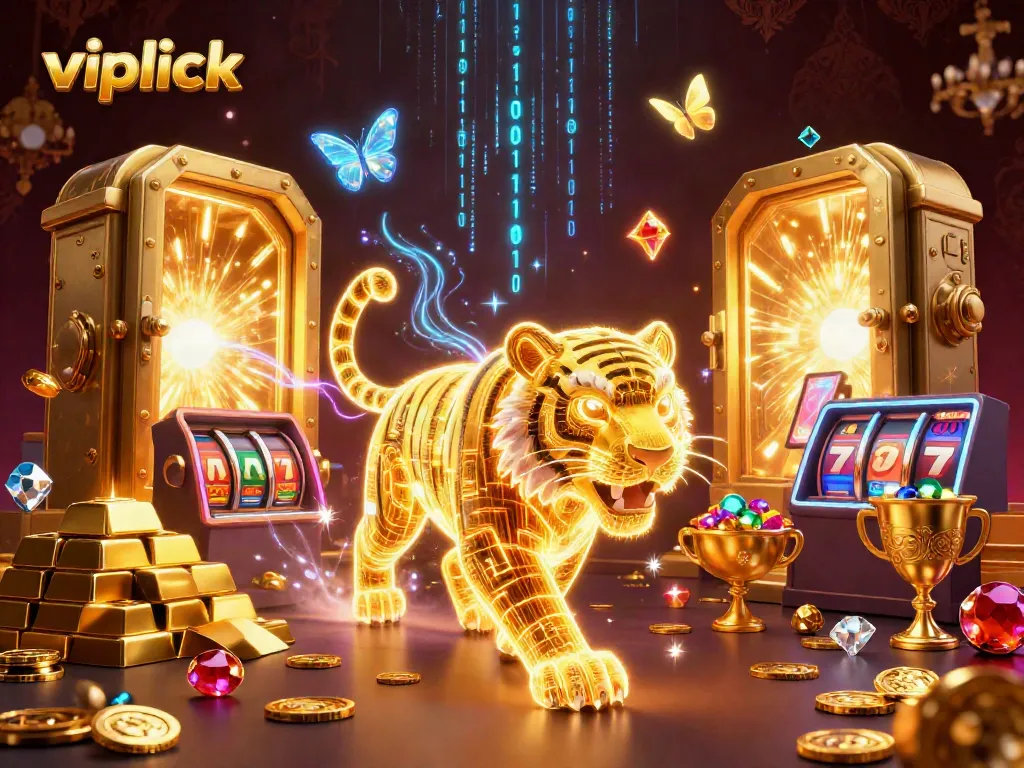 Engage with vipluck's thrilling digital casino scene featuring a neon tiger and dazzling treasures.