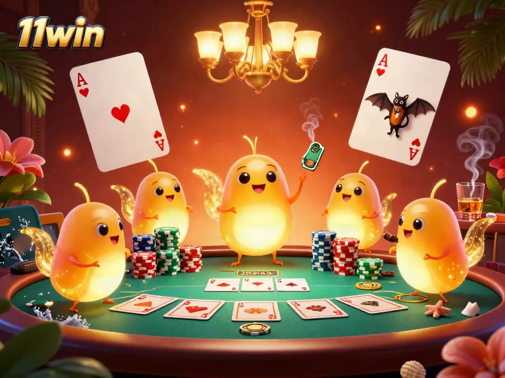 Experience exciting poker action at 11win with bioluminescent glowworms lighting the way in this vibrant casino scene.