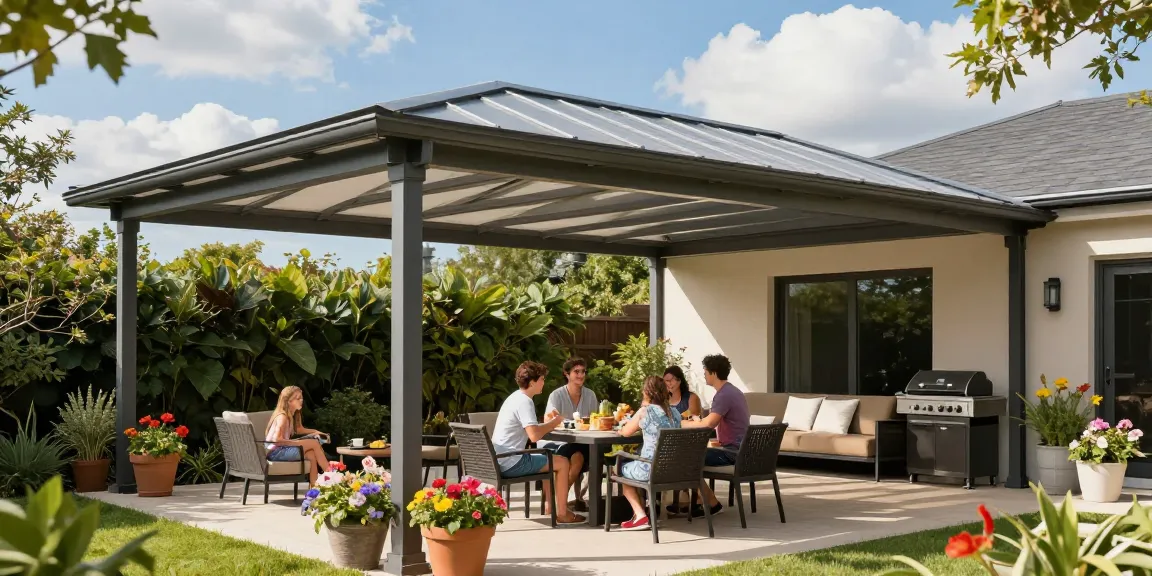 Moderne Terrassenüberdachung aus Aluminium mit Familie im Garten an einem sonnigen Tag.