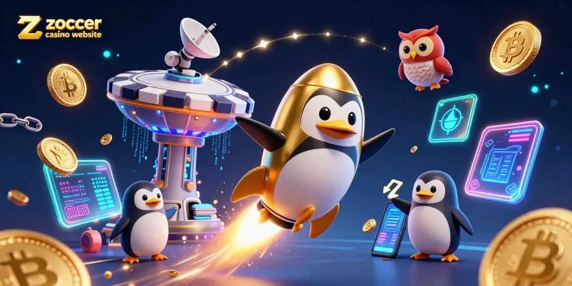 Experience the zoccer casino website with a golden penguin and cryptocurrency adventure in space.